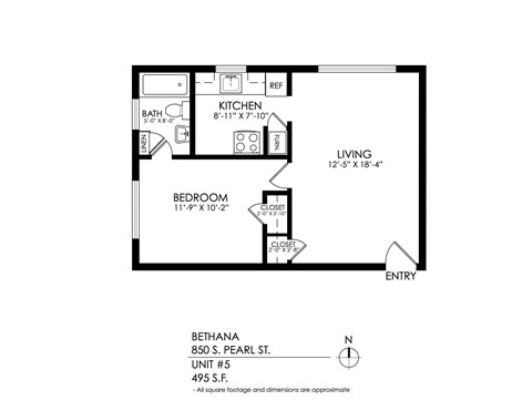 Floor plan for 1 bed, 1 bath, 495 sqft